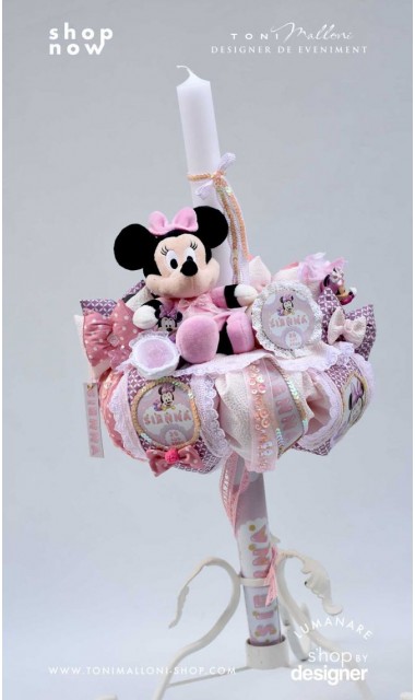 Lumanare cu Minnie Mouse Racer personalizata cu paiete roz si lila 4